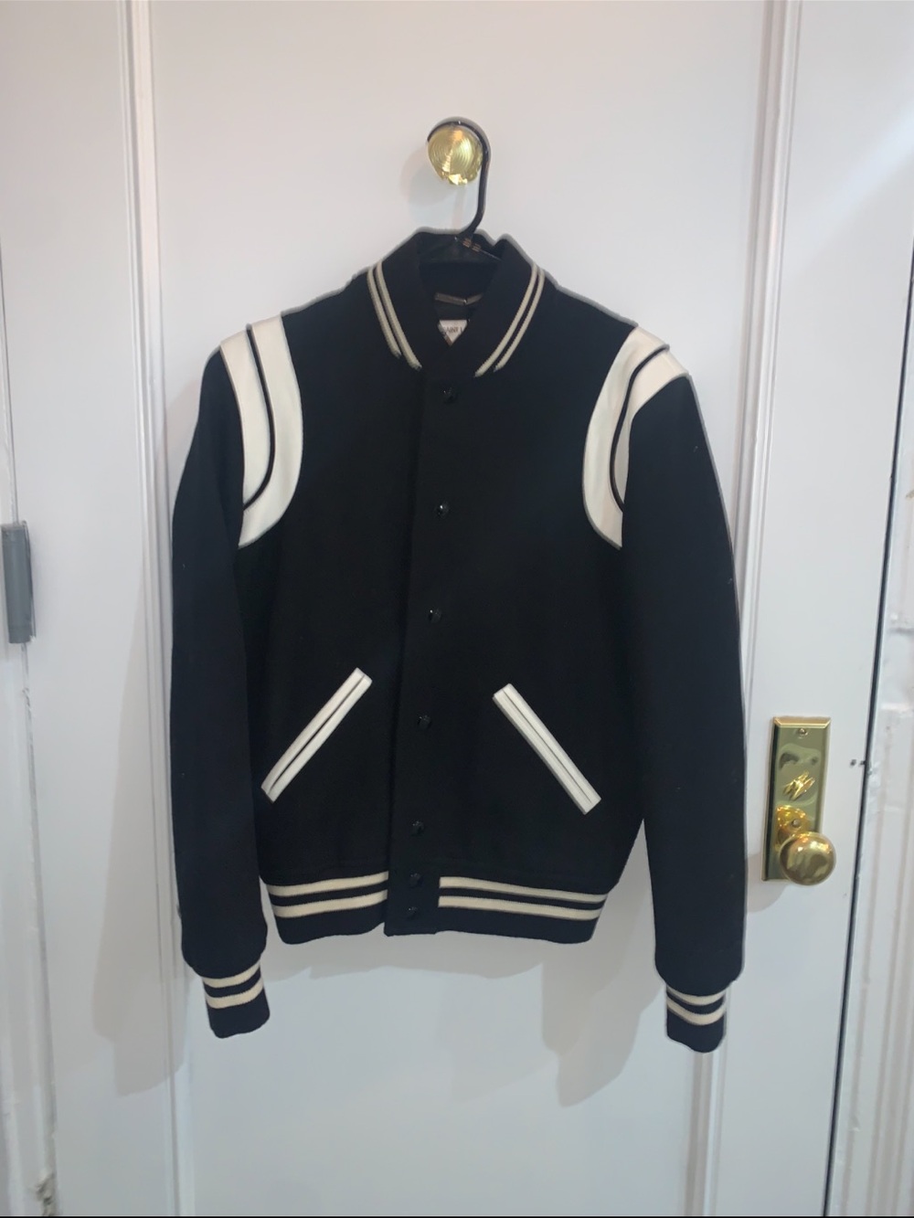 Saint Laurent Black and White Varsity Bomber Jacket